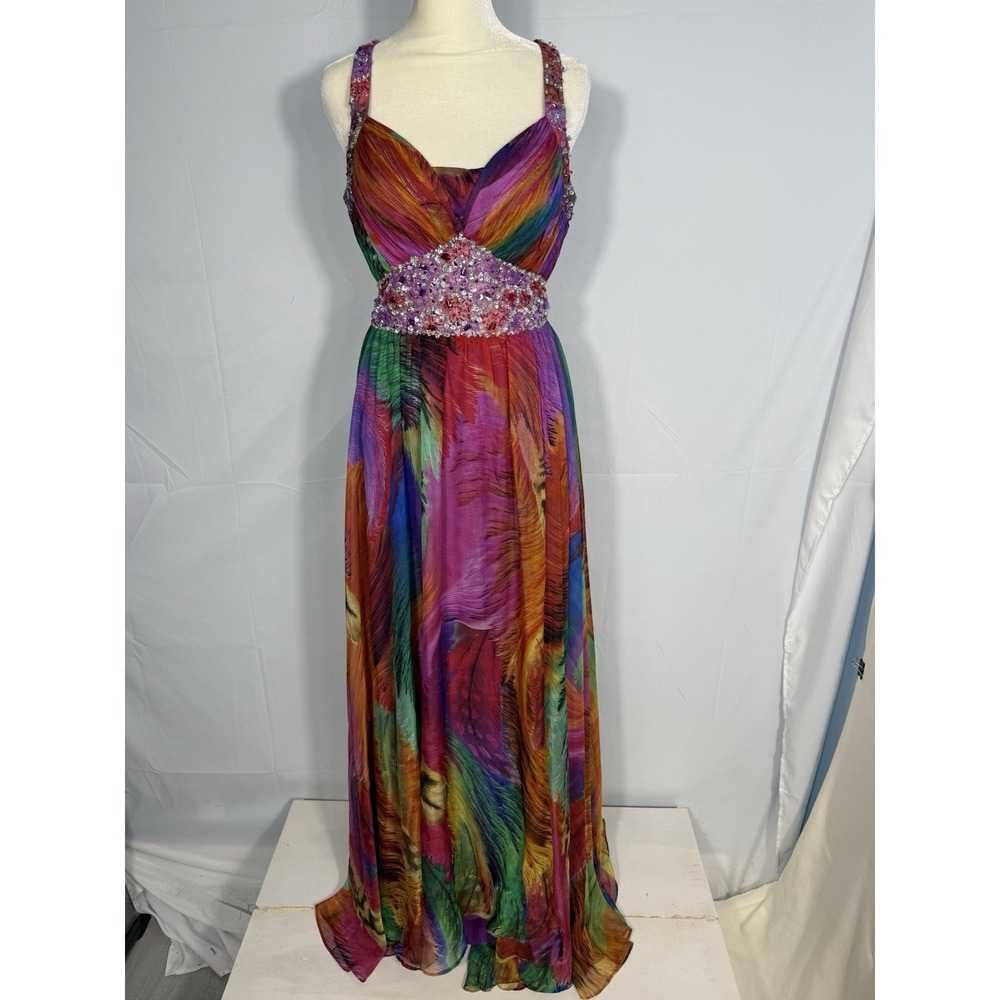 Mori Lee Formal Prom Dress Peacock Feather Multicolor Strappy Fairy Sequins 3/4